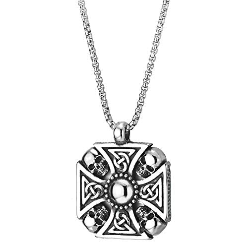 COOLSTEELANDBEYOND Men Steel Skull Cross Pendant Necklace with Celtic Knot, 30 in Wheat Chain, Gothic Tribal - coolsteelandbeyond