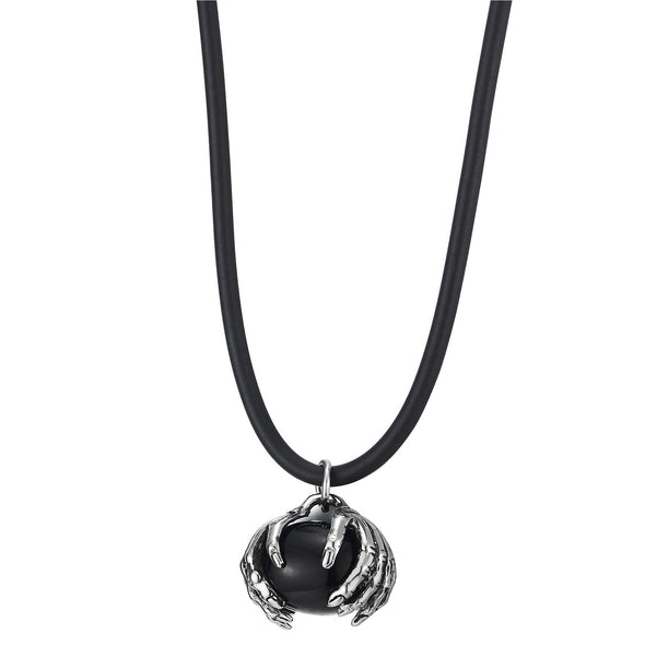 Men Steel Vintage Hand Skeleton Holding Black Ball Pendant Necklace with Black Silicone Strap
