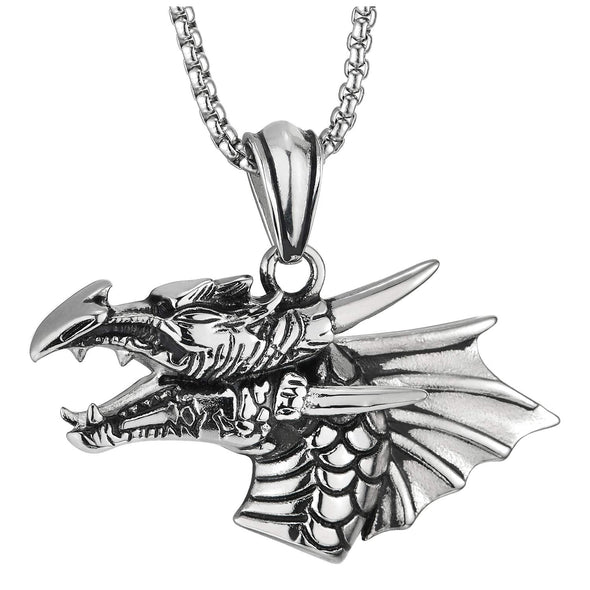 Men Steel Vintage Pterosauria Dinosaur Dragon Head Horn Tusk Pendant Necklace with 30 in Wheat Chain