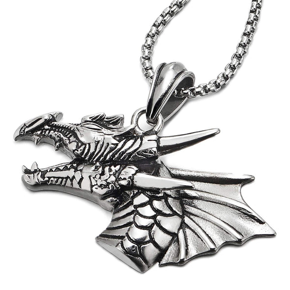 Men Steel Vintage Pterosauria Dinosaur Dragon Head Horn Tusk Pendant Necklace with 30 in Wheat Chain
