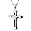 Men Two-Layer Steel Cross Pendant Necklace with Steel Cable Inlay and Cubic Zirconia, Polished - COOLSTEELANDBEYOND Jewelry
