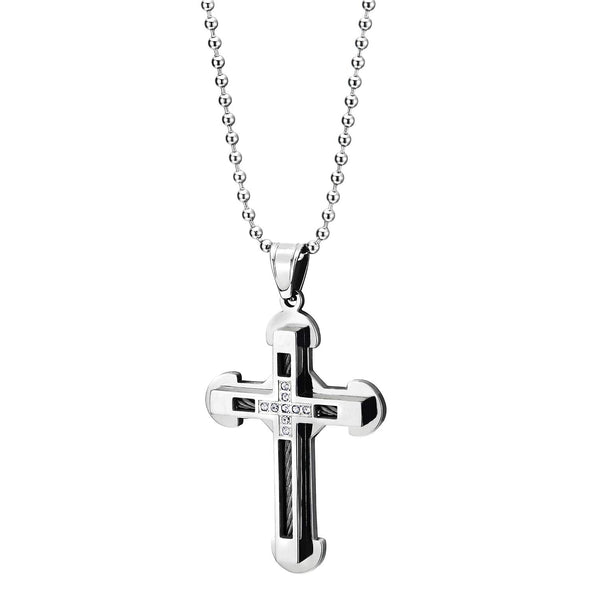 Men Two-Layer Steel Cross Pendant Necklace with Steel Cable Inlay and Cubic Zirconia, Polished - COOLSTEELANDBEYOND Jewelry