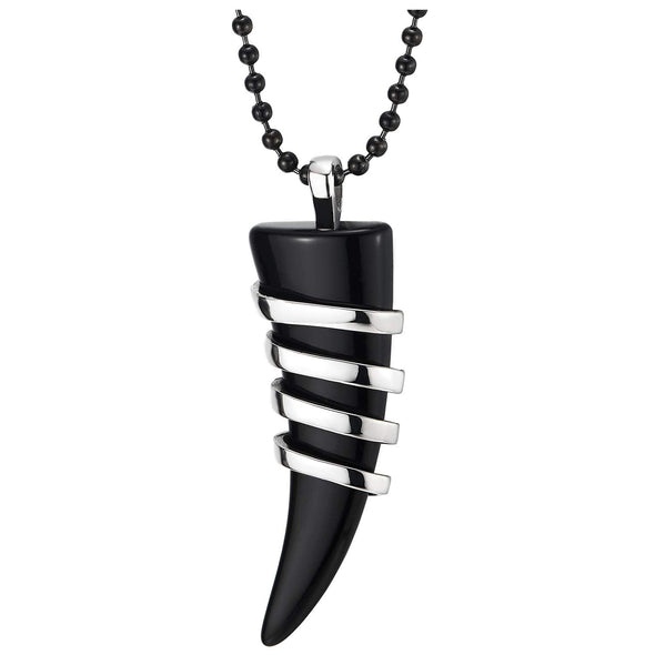 Men Women Black Onyx Tusk Horn Pendant Wrapped by Stainless Steel Wire Black Silicone Strap Necklace