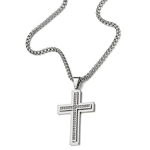 Men Women Large Stainless Steel Cross Pendant Necklace with Cubic Zirconia, 30 inch Wheat Chain - COOLSTEELANDBEYOND Jewelry
