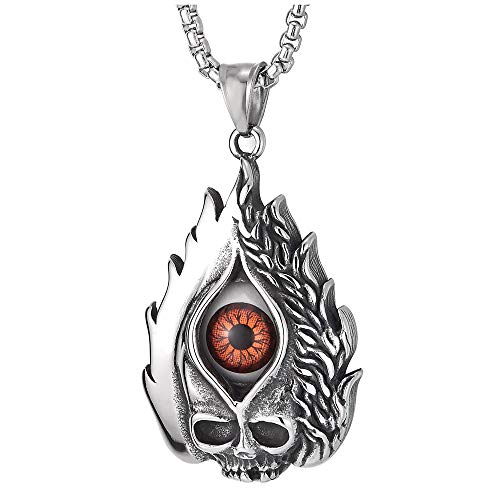 COOLSTEELANDBEYOND Men Women Stainless Steel Punk Rock Flame Evil Eye Skull Pendant Necklace with 30 inches Wheat Chain - coolsteelandbeyond