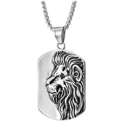 Men Women Stainless Steel Vintage Convex King Lion Head Dog Tag Pendant Necklace, 30 in Wheat Chain - COOLSTEELANDBEYOND Jewelry