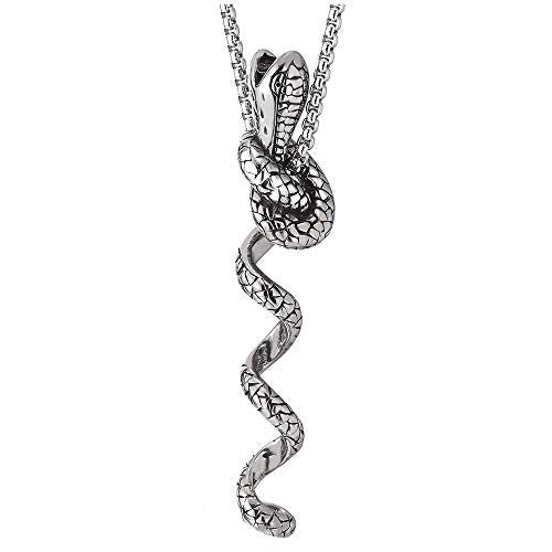 COOLSTEELANDBEYOND Men Women Stainless Steel Vintage Spiral Snake Pendant Necklace with 23.6 Inches Chain, Punk Rock - coolsteelandbeyond