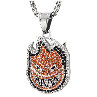 Men Women Steel Evil Cute Monster Pendant Necklace with White Black and Orange Cubic Zirconia - COOLSTEELANDBEYOND Jewelry