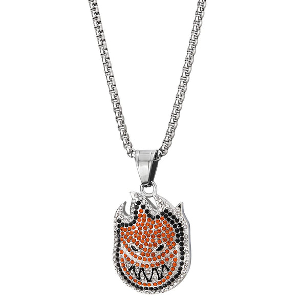 Men Women Steel Evil Cute Monster Pendant Necklace with White Black and Orange Cubic Zirconia - COOLSTEELANDBEYOND Jewelry