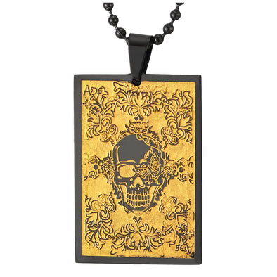 Men Women Steel Gold Black Rectangle Pendant Necklace Engraved with Skull and Filigree, 30 in Ball Chain - COOLSTEELANDBEYOND Jewelry