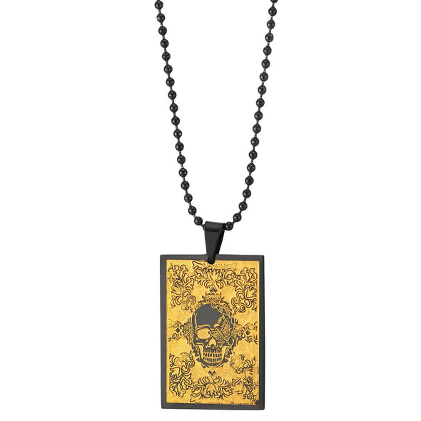 Men Women Steel Gold Black Rectangle Pendant Necklace Engraved with Skull and Filigree, 30 in Ball Chain - COOLSTEELANDBEYOND Jewelry