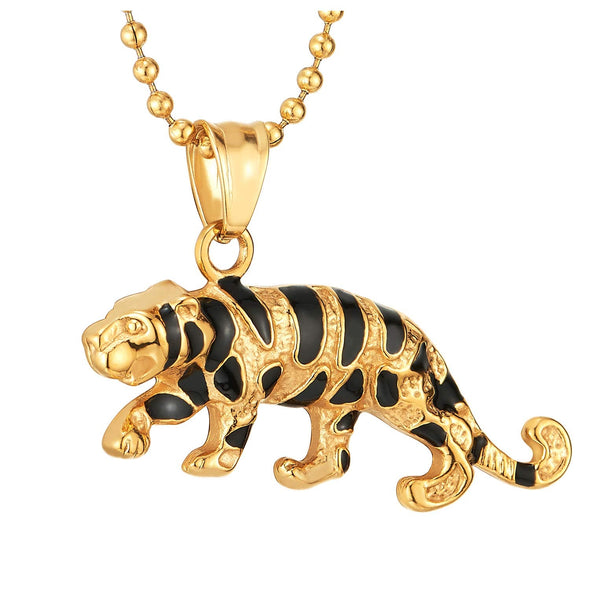 COOLSTEELANDBEYOND Men Women Steel Gold Roaring Tiger Pendant Necklace with Black Enamel, 23.6 in Ball Chain, Exquisite - coolsteelandbeyond