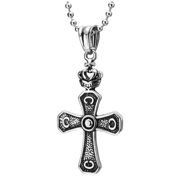Men Women Steel Vintage Crown Circle Textured Cross Pendant Necklace, 23.6 in Ball Chain - COOLSTEELANDBEYOND Jewelry