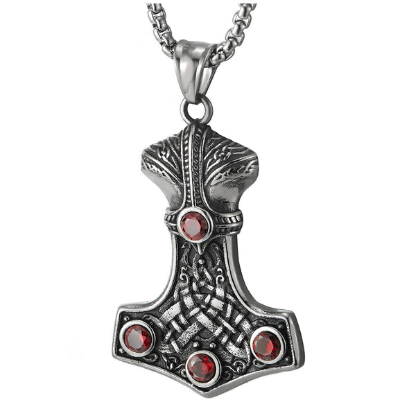 Men Women Steel Vintage Tribal Thors Hammer Irish Celtic Knot Pendant Necklace Red CZ, 30 in Chain
