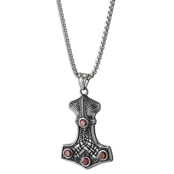 Men Women Steel Vintage Tribal Thors Hammer Irish Celtic Knot Pendant Necklace Red CZ, 30 in Chain