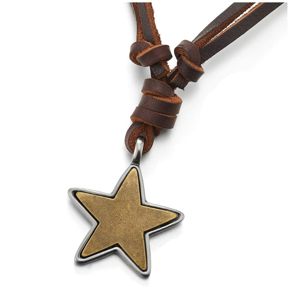 Men Women Vintage Silver Aged Brass Pentagram Star Pendant Necklace Adjustable Brown Leather Cord