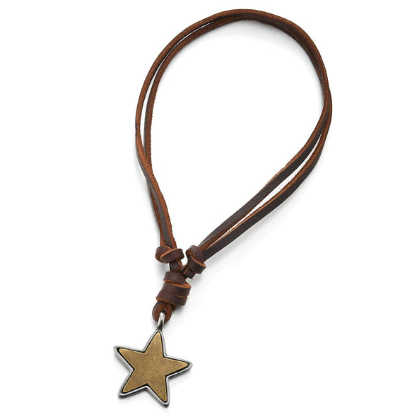 Men Women Vintage Silver Aged Brass Pentagram Star Pendant Necklace Adjustable Brown Leather Cord