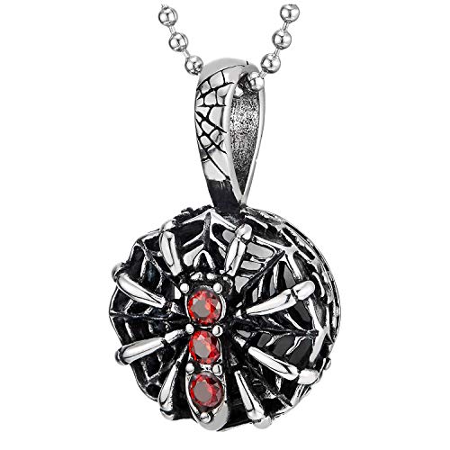 COOLSTEELANDBEYOND Men Women Vintage Steel Spider Web Pendant Necklace with Red Cubic Zirconia and 30 inches Ball Chain - coolsteelandbeyond
