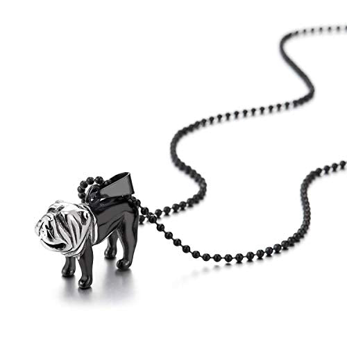 COOLSTEELANDBEYOND Men Womens Steel Silver Black Bull Dog Pit Bull Pendant Necklace with 23.6 in Ball Chain, Polished - coolsteelandbeyond