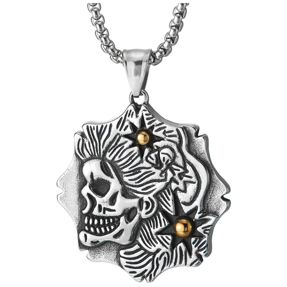 Men Womens Steel Two-Side Rock Punk Skull Star Medal Pendant Necklace Silver Gold, 30 in Wheat Chain