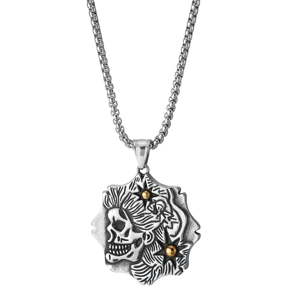 Men Womens Steel Two-Side Rock Punk Skull Star Medal Pendant Necklace Silver Gold, 30 in Wheat Chain