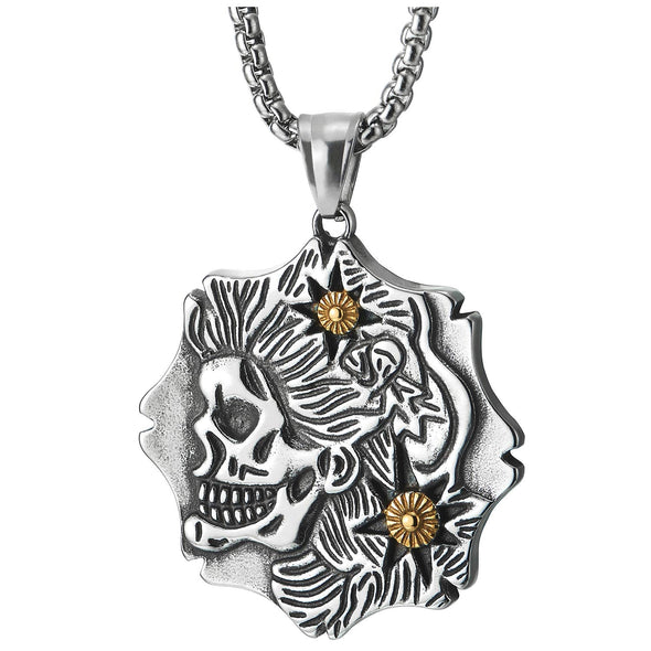 Men Womens Steel Two-Side Rock Punk Skull Star Medal Pendant Necklace Silver Gold, 30 in Wheat Chain