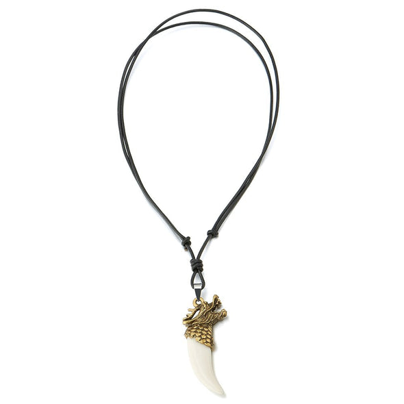 Mens Bronze Color Dragon Horn Tusk Pendant Necklace with White Acrylic and Adjustable Leather Cord