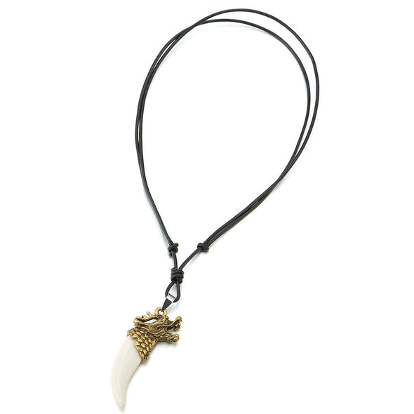 Mens Bronze Color Dragon Horn Tusk Pendant Necklace with White Acrylic and Adjustable Leather Cord