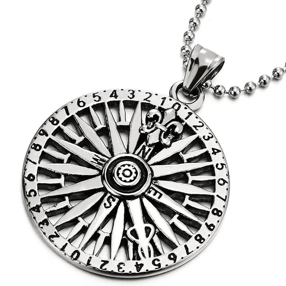 Mens Circle Compass Pendant Necklace with Fleur De Lis, Stainless Steel with 30 inches Ball Chain - COOLSTEELANDBEYOND Jewelry