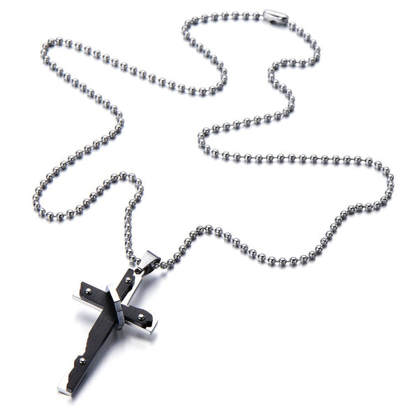 Mens Cross Pendant Necklace Stainless Steel Double Layer with Rivet Accents with 23.6 in Steel Ball Chain - COOLSTEELANDBEYOND Jewelry