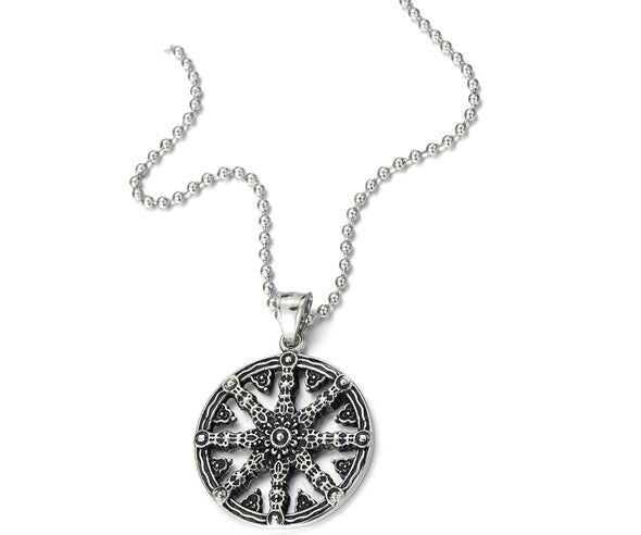 Mens Dharmachakra Pendant Dharma Wheel of Law Symbol Necklace Stainless Steel with 23.4 in Chain - COOLSTEELANDBEYOND Jewelry
