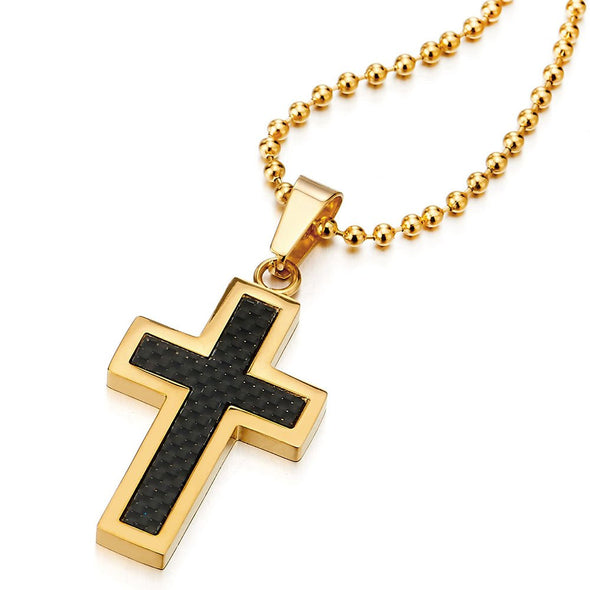 COOLSTEELANDBEYOND Mens Gold Color Steel Cross Pendant Necklace with Carbon Fiber Inlay and 23.6 Inches Ball Chain - coolsteelandbeyond