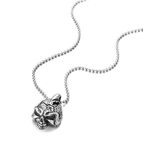 Mens Gothic Biker Stainless Steel Vintage Crack Skull Pendant Necklace, 23.6 inches Ball Chain