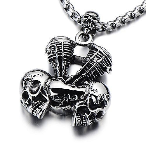 COOLSTEELANDBEYOND Mens Gothic Double Skull Pendant Stainless Steel Biker Necklace with 23.6 in Wheat Chain - coolsteelandbeyond
