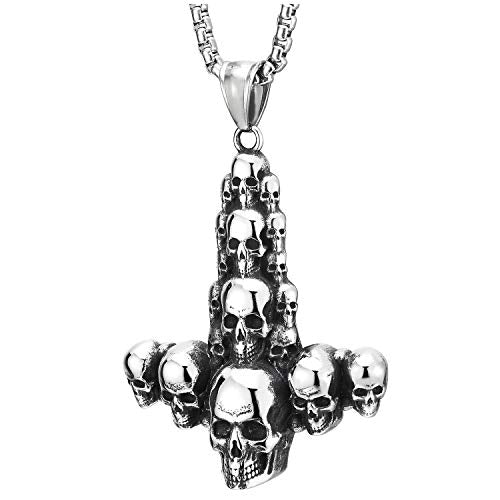Mens Gothic Steel Vintage Stacking Skulls Upside Down Inverted Cross Pendant Necklace, 30 in Chain