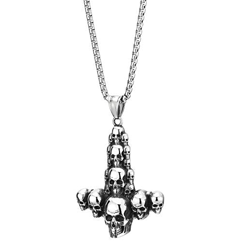 Mens Gothic Steel Vintage Stacking Skulls Upside Down Inverted Cross Pendant Necklace, 30 in Chain