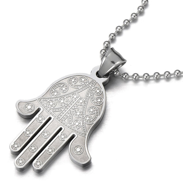 COOLSTEELANDBEYOND Mens Ladies Hamsa Hand of Fatima Pendant Necklace Stainless Steel with 23.6 inches Steel Ball Chain - coolsteelandbeyond