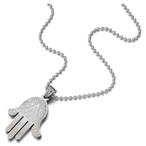 COOLSTEELANDBEYOND Mens Ladies Hamsa Hand of Fatima Pendant Necklace Stainless Steel with 23.6 inches Steel Ball Chain - coolsteelandbeyond