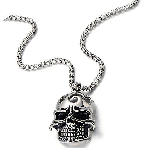 Mens Large Biker Skull Pendant Necklace Stainless Steel Silver Black Polished with 30 inches Wheat Chain - COOLSTEELANDBEYOND Jewelry