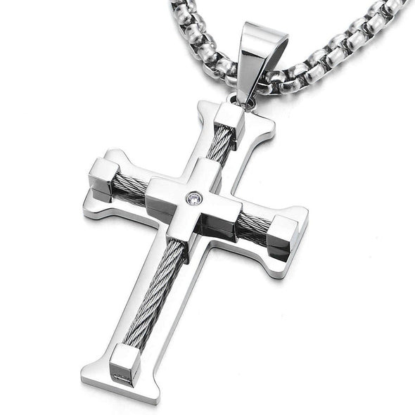 COOLSTEELANDBEYOND Mens Large Cross Pendant Necklace Stainless Steel with Twisted Cable and CZ, 30 Inches Wheat Chain - coolsteelandbeyond