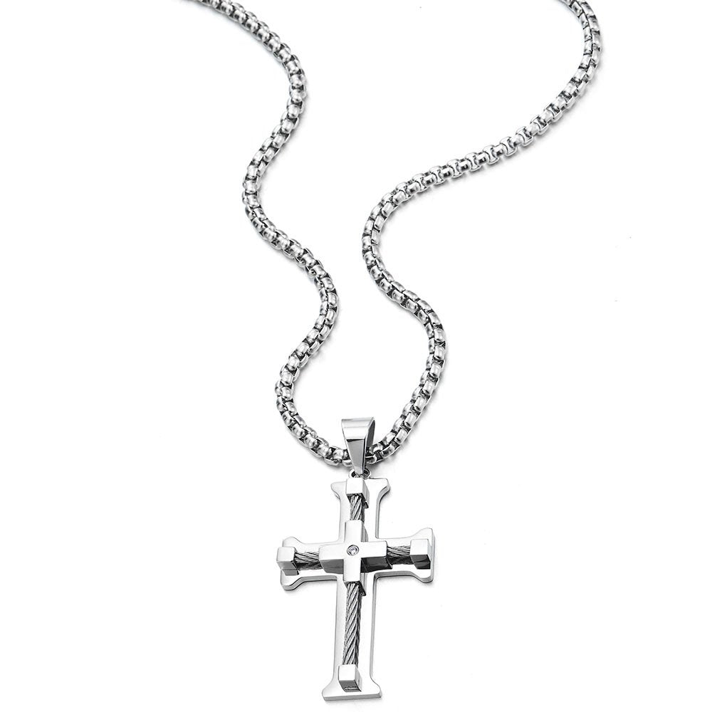 Mens Large Cross Pendant Necklace Stainless Steel with and CZ, 30 ...