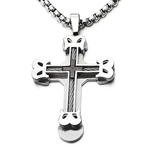 Mens Large Masculine Cross Pendant Necklace Steel with Steel Cable ...