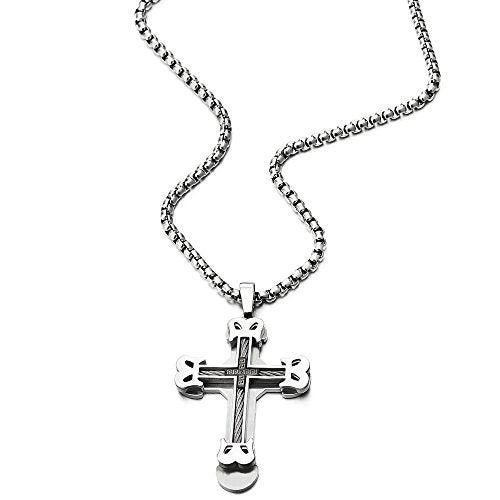 Mens Large Masculine Cross Pendant Necklace Steel with Steel Cable ...