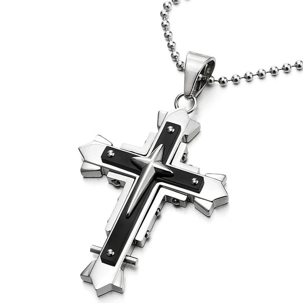 Mens Masculine Cross Pendant Necklace Steel Silver Black Tri-Layers, 30 Inches Steel Ball Chain - COOLSTEELANDBEYOND Jewelry