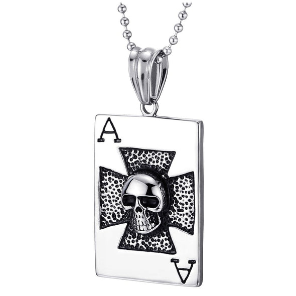 COOLSTEELANDBEYOND Mens Stainless Steel Ace Card Poker Pendant Necklace with Skull and Cross, 30 inches Ball Chain - coolsteelandbeyond