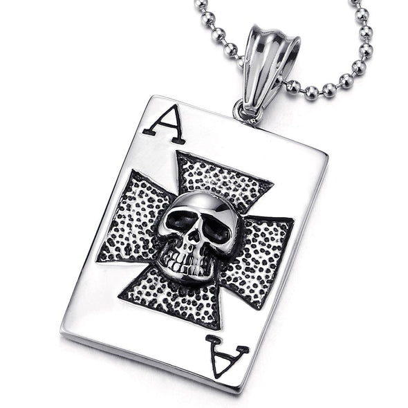 COOLSTEELANDBEYOND Mens Stainless Steel Ace Card Poker Pendant Necklace with Skull and Cross, 30 inches Ball Chain - coolsteelandbeyond