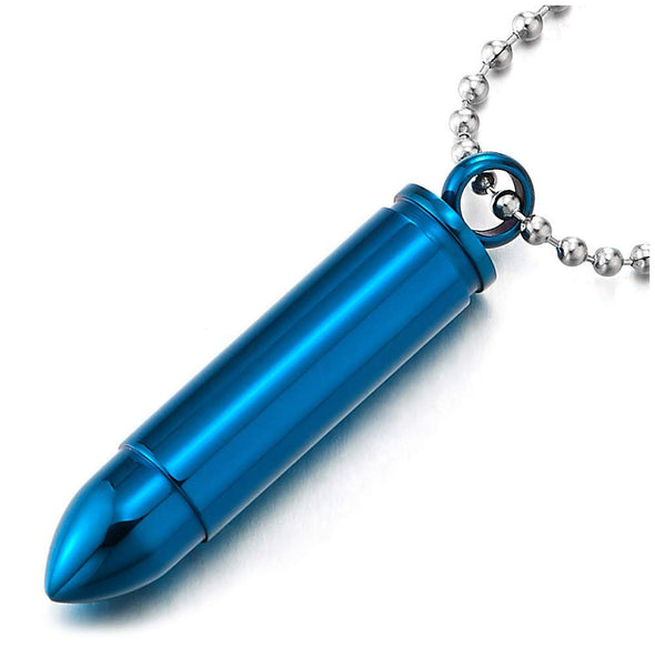 COOLSTEELANDBEYOND Mens Stainless Steel Blue Bullet Pendant Necklace, Pill Box Memorial Holder, 23.6 inches Ball Chain - coolsteelandbeyond