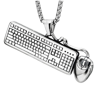 Mens Stainless Steel Computer Keyboard Mouse Pendant Necklace, 30 inches Wheat Chain, Punk Rock - COOLSTEELANDBEYOND Jewelry