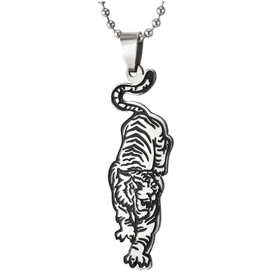 Mens Stainless Steel Crawling Tiger Pendant Necklace with Black Enamel, 23 inches Ball Chain - COOLSTEELANDBEYOND Jewelry