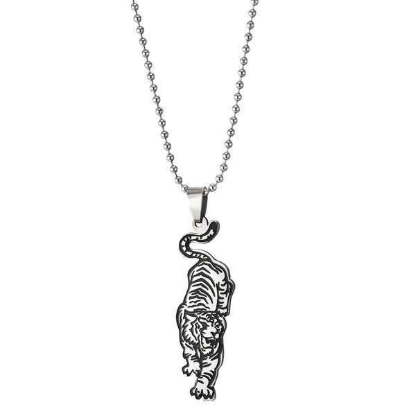 Mens Stainless Steel Crawling Tiger Pendant Necklace with Black Enamel, 23 inches Ball Chain - COOLSTEELANDBEYOND Jewelry